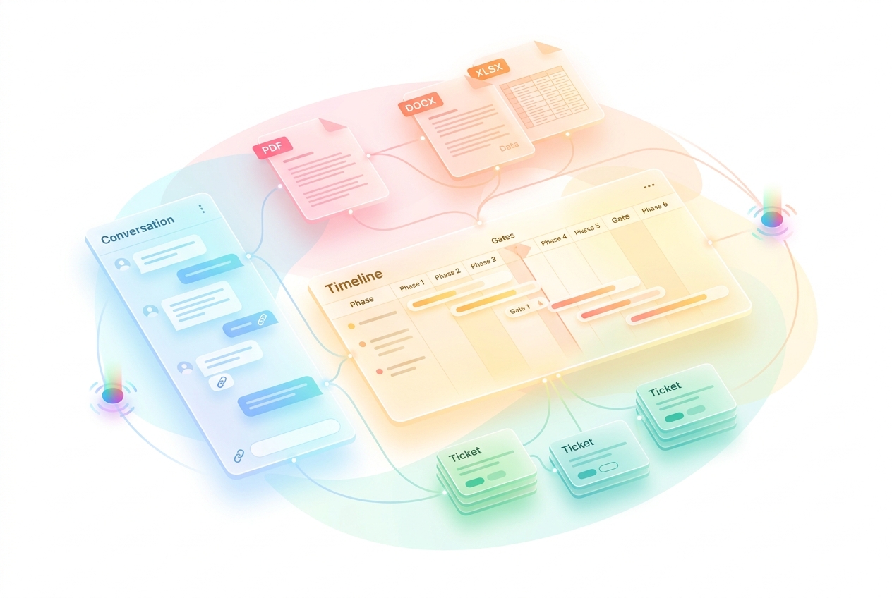 Connected work surfaces: documents, plans, conversations, knowledge, and tickets at various depths